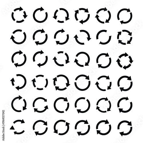 Collection of various black circular arrows on white background for design