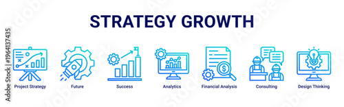 Strategy Growth web banner icon vector illustration with icons of Project Strategy,Future,Success,Analytics,Financial Analysis,Consulting and Design Thinking