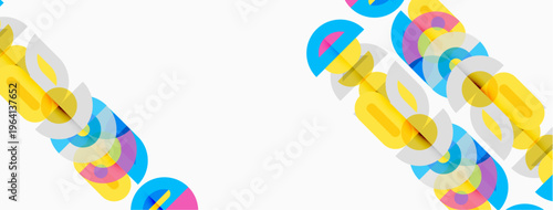 Abstract colorful design features overlapping letterforms. Bright hues create dynamic visual impact. Minimalist aesthetic, clean background.