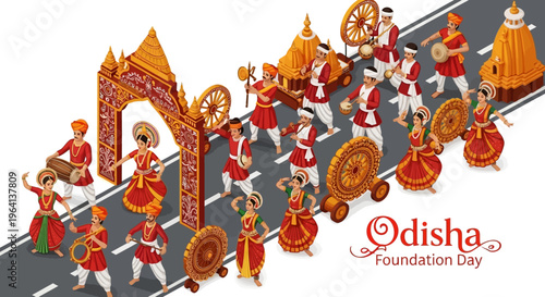 Vector illustration of a vibrant Odisha Foundation Day celebration procession with traditional dancers and musicians on a road with a decorative arch, conveying a joyful and cultural mood.