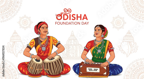 Vector illustration of two Indian women playing traditional musical instruments on Odisha Foundation Day with cultural celebration background.