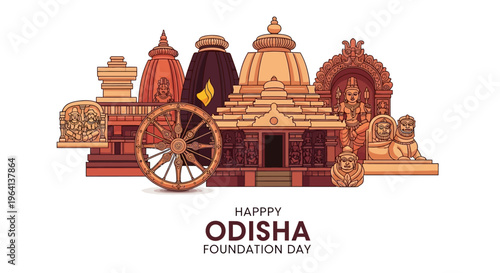 Illustration of Odisha Foundation Day celebration with traditional temple architecture and cultural elements on a white background.