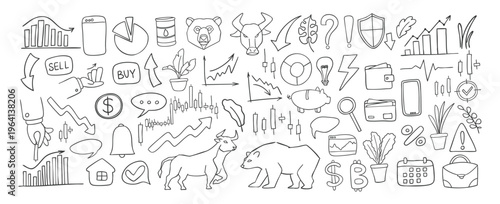 Stock market icons line art illustration set bull market bear market icon, upward downward trend arrows for financial business trading and investment concepts