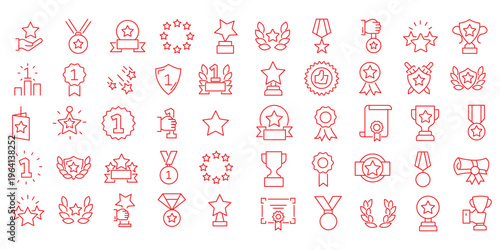 Exclusive Benefit, Special Offer, Best Award, High Rank Premium Icons Pack. Such Line Signs as Champion Cup, Stars, Medal. Vector Icons Set for Web and App in Outline Style Editable Stroke