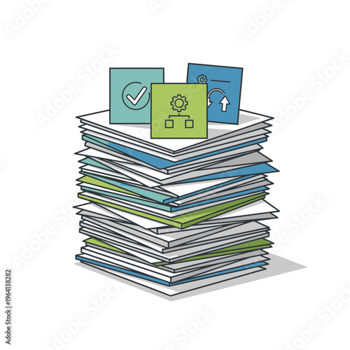 A stack of colorful documents and files.