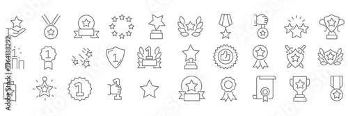Awards line icon set. Editable Stroke. Reward, trophy, badge, medal - stock vector.