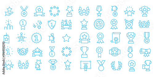 Awards line icon set. Editable Stroke. Reward, trophy, badge, medal - stock vector.