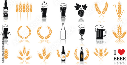 Set of Beer Icons with Bottles Glass Mugs Wheat Ears and Hops Symbols for Brewery Pub Bar and Oktoberfest Branding