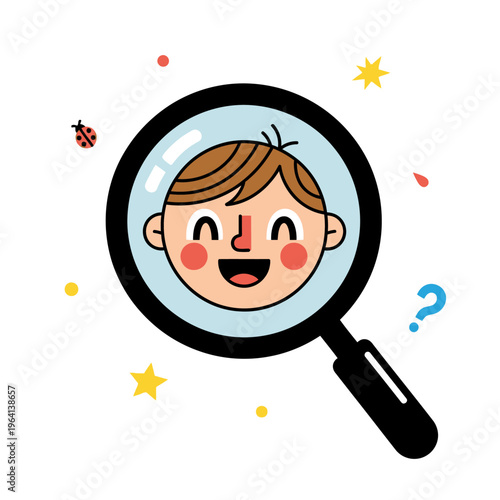Curious child with magnifying glass exploring.