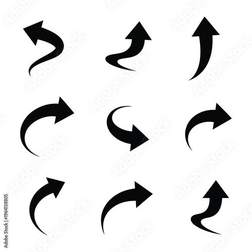 Set of curved black arrows pointing in different directions on white background