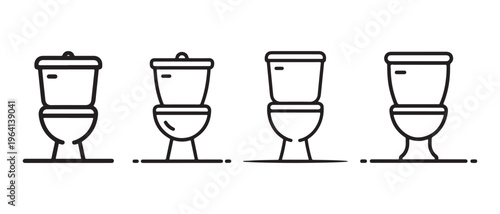 A set of four minimalist toilet bowl icons in a row with thin black outlines on white background.