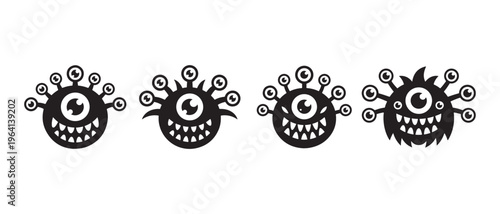 Collection of four unique black and white monster icons with many eyes and sharp teeth.