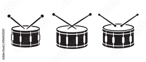 Snare Drums with Crossed Drumsticks, Musical Percussion Instrument Vector Icons.
