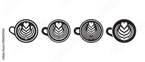 Four black and white minimalist icons of coffee cups with heart latte art designs.