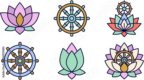set icon lotus and dharma wheel