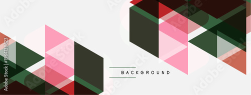 Abstract geometric shapes overlap, creating dynamic background. Pink, green, red hues dominate white space. Modern design element.