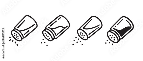 Line art illustration of salt and pepper shakers pouring seasoning in four different styles.