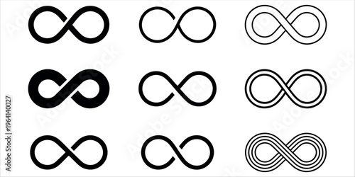 Clean and modern collection of infinity loop icons in varying line weights, ideal for branding, logos, technology concepts, and endless cycle themes in business or design projects.