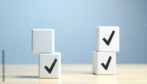 Conceptual Minimalist Image of Four White Blocks with Black Checkmarks Stacked in a Column Against a Vibrant Yellow Background
