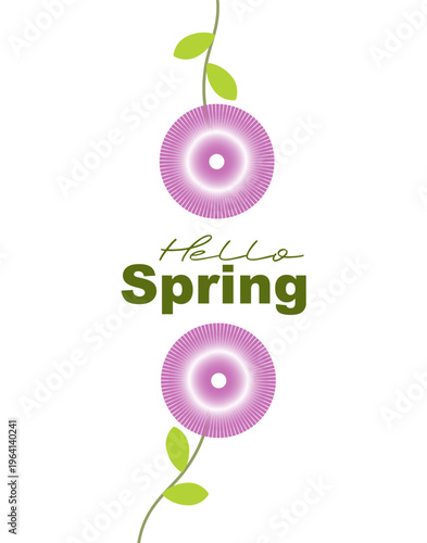 Hello Spring Vertical Minimal Vector with Purple Flower and Green Leaves