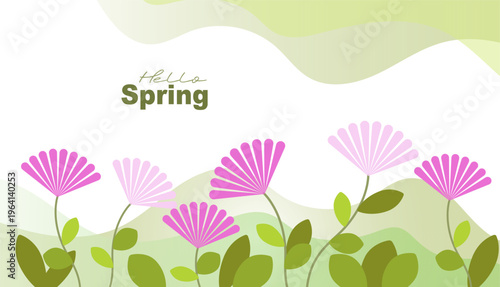 Hello Spring Landscape Vector Illustration with Pink Flowers and Green Hills Background