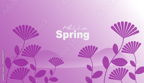 Hello Spring Purple Gradient Background with Stylized Floral Vector Illustration