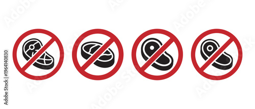 No Meat Prohibition Signs with Various Steak and Cutlet Icons, Flat Design Vector Illustration.