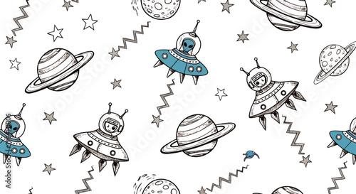 seamless cartoon space pattern featuring flying ufos alien characters astronauts and planets on white great for kids designs.