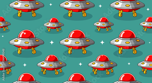 seamless pattern of cartoon ufos flying saucers and alien spaceships with a retro sci-fi vibe on a teal background.