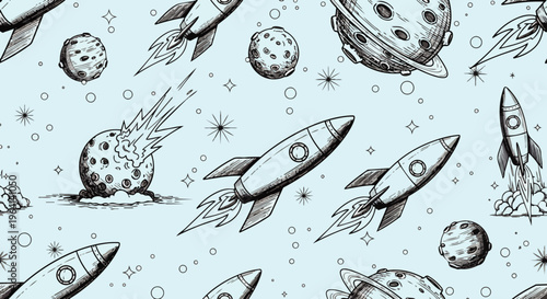 seamless space pattern with rockets planets and a meteor crash illustrating cosmic adventure and retro cartoon design.