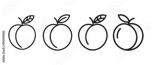 Set of simple peach fruit outline icons with leaves, presented in a clean flat design vector illustration.