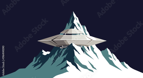 ufo flying saucer an alien spaceship hovers over snowy mountain peaks depicting mysterious science fiction exploration.