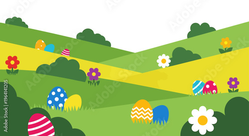 easter eggs hidden in a vibrant spring landscape for a cheerful easter egg hunt holiday celebration cartoon illustration.