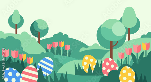 easter egg hunt in a vibrant spring landscape with colorful tulips and charming trees perfect for a cheerful holiday background.