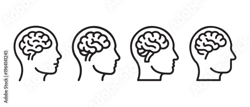 Human Head Brain Icons Set. Representing Thinking and Intelligence, Flat Design Vector Illustration.