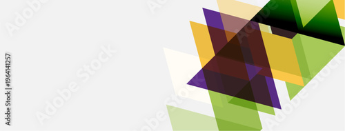 Abstract geometric shapes overlap, creating dynamic colorful composition. Light background emphasizes vibrant triangles, rectangles.