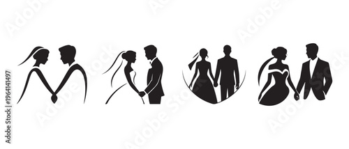 A collection of four minimalist black silhouettes showing romantic couples in wedding attire poses.