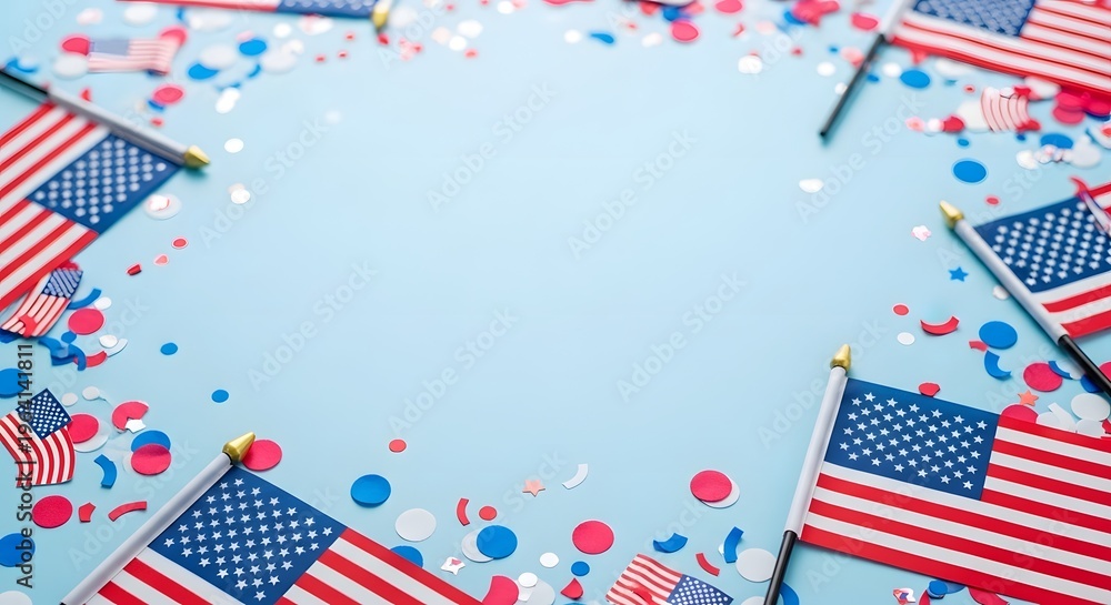 Obraz premium Patriotic american flag border with confetti on light blue background for celebrations and holidays