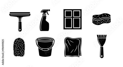 Cleaning Supplies Icons Set: Squeegee, Spray Bottle, Sponge, Bucket, Brush, Cloth, Window