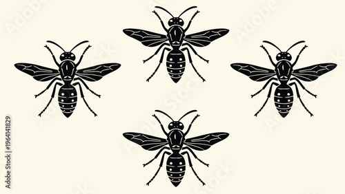 Four Black Stylized Wasps Graphic. Minimalist Insect Illustration for Nature, Pest Control, or Emblematic Design.