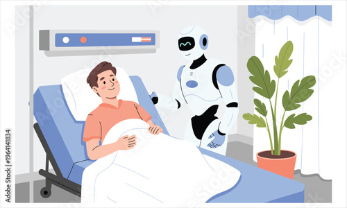 Robot assisting patient, hospital scene, medical care, futuristic healthcare