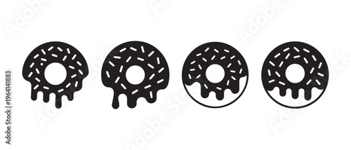 A collection of four minimalist black and white donut icons featuring various melting designs.