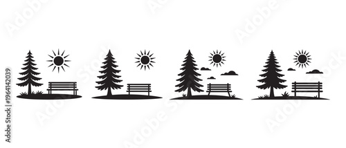 A series of four black silhouette icons depicting a park bench beside a coniferous tree and sun.