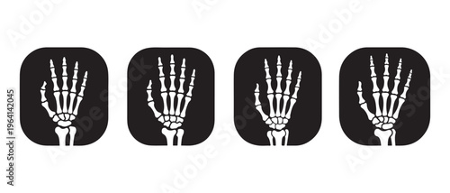 A collection of four identical black square icons depicting a human hand skeletal structure anatomy.