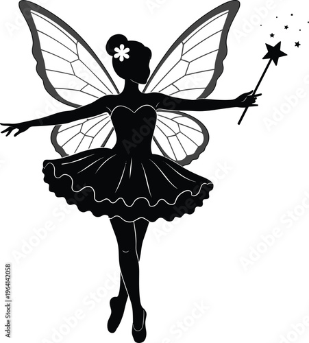Beautiful Fairy Silhouette Vector Illustration with Butterfly Wings and Magic Wand in Tutu Ballet Dress Representing Fantasy Mythical Creature Magic and Enchanted Tales Concepts