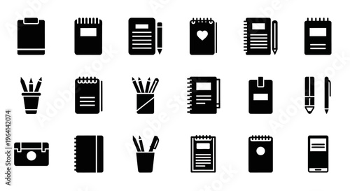 Collection of Black Stationery Icons: Notebooks, Pens, Pencils, and Organizers