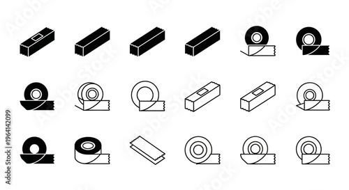 Set of Tape Icons: Rolls, Dispensers, and Sticks in Isometric and Flat Styles