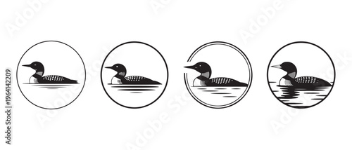 Foto A collection of four circular minimalist vector logos featuring a common loon swimming on water