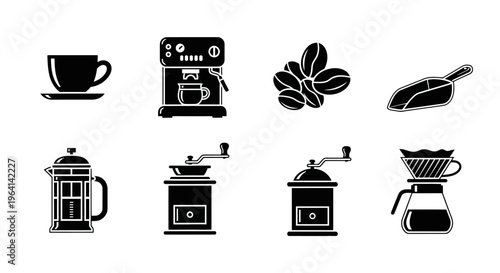 Coffee Making Equipment Icons: Espresso Machine, French Press, Grinders, Pour Over