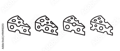 Identical pieces of swiss cheese arranged in a horizontal row on a clean white background.